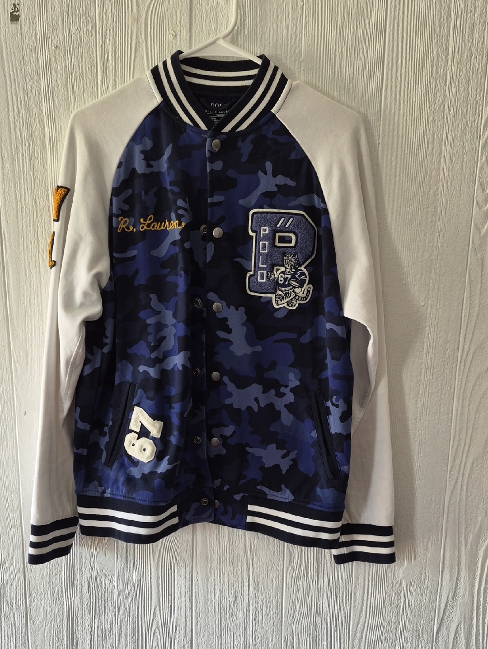 Ralph Lauren Blue Camo Varsity Jacket with White Sleeves